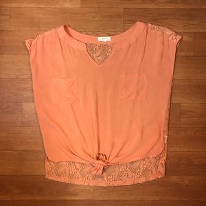 MINE Peach Short Sleeve Front Tie Blouse
